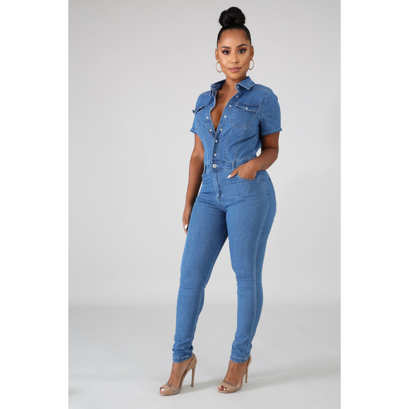 Light Wash Button Front Skinny Jumpsuit - Picture 2 of 4